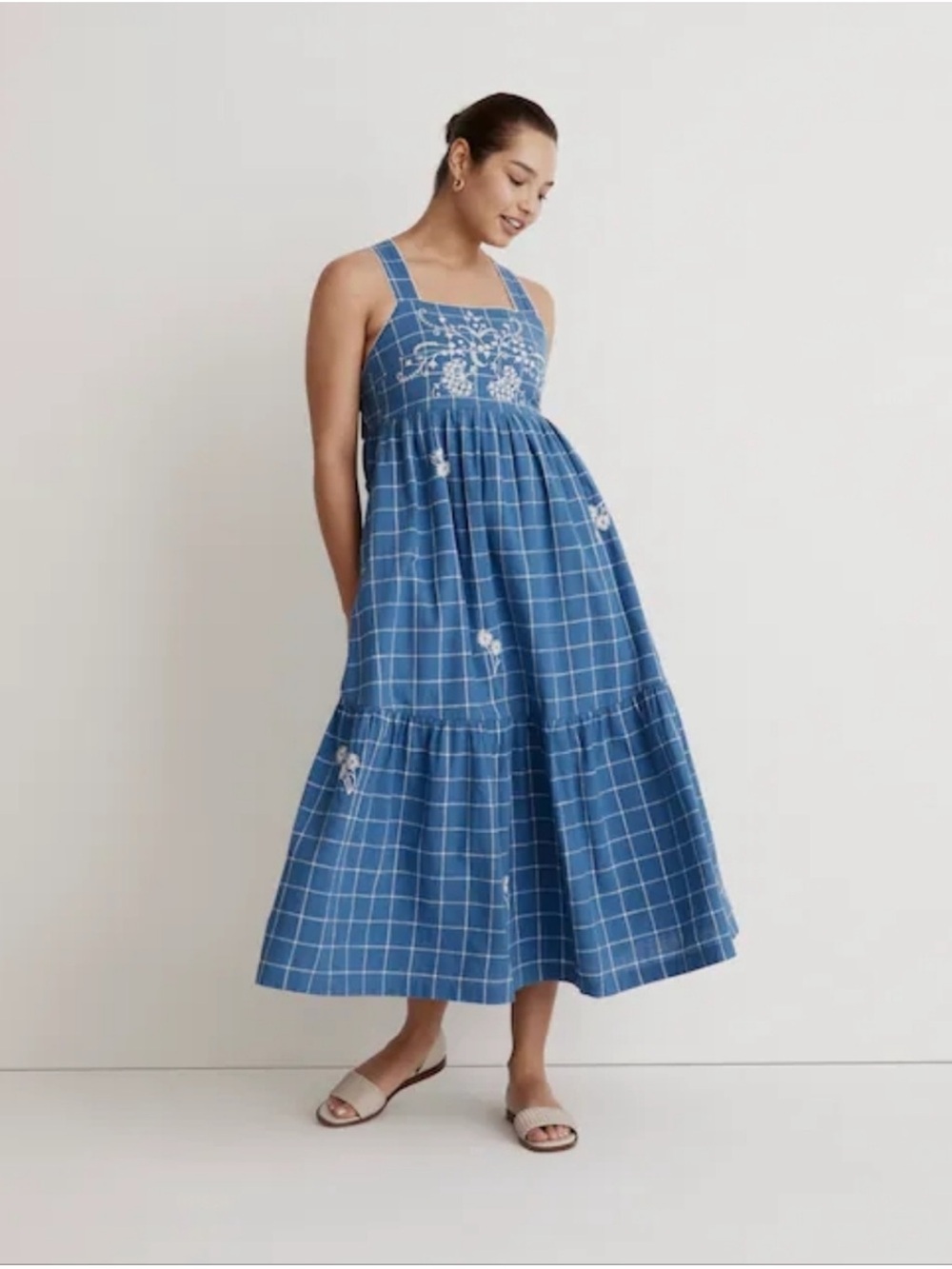 Madewell Blue Checked Embroidered Maxi Dress